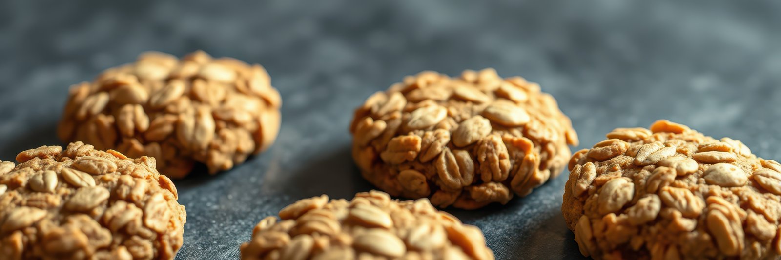 Freshly baked oat cookies arranged on a dark surface ready to be enjoyed during snack time
